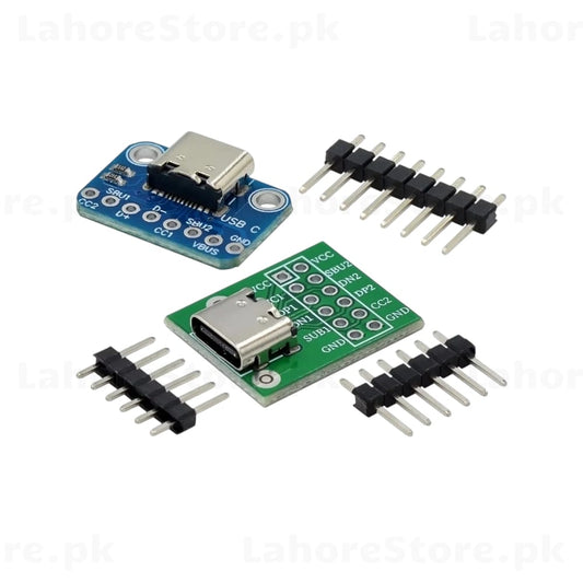 USB Type-C Female Breakout Board Blue and Green PCB with Header Pins