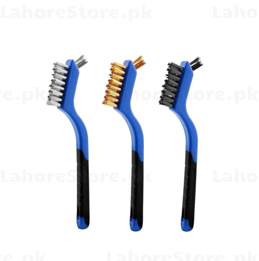 3-piece mini wire brush set stainless steel brass nylon bristles blue black handle
