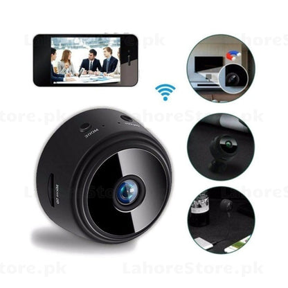 A9 Mini WiFi Camera live view on smartphone with magnetic mount and accessories