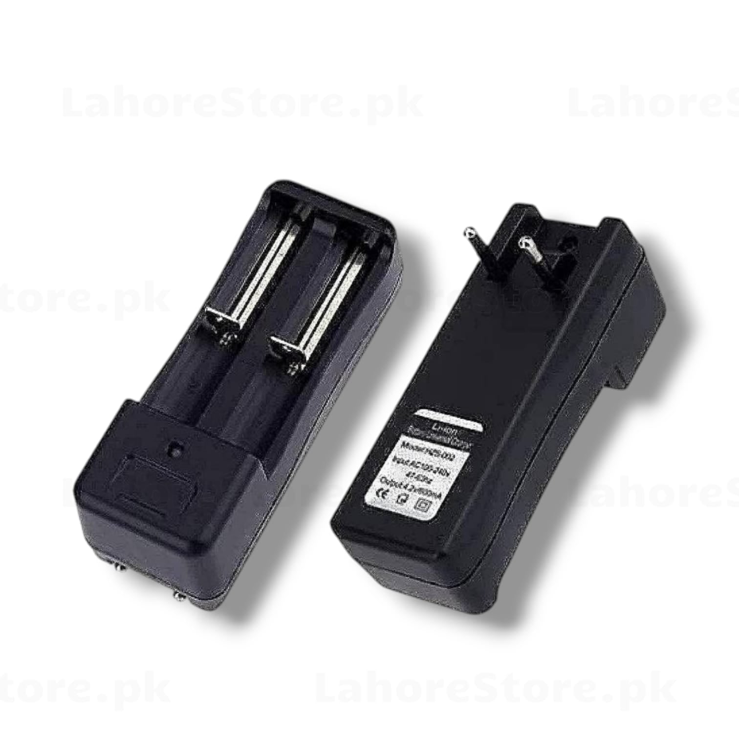 HPS-D02 Dual Slot Li-ion Battery Charger front and back view with AC plug and label