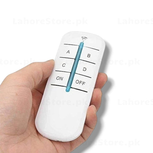 4-Channel RF Remote Control with A B C D ON OFF buttons close-up in hand