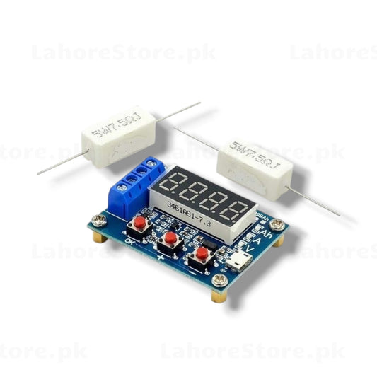 ZB2L3 battery capacity tester module with 4-digit LED display and two 5W 7.5 ohm cement load resistors