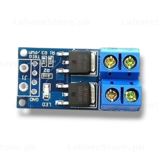 Dual MOSFET drive module with two N-channel MOSFETs, PWM input pins and dual screw terminal outputs on blue PCB