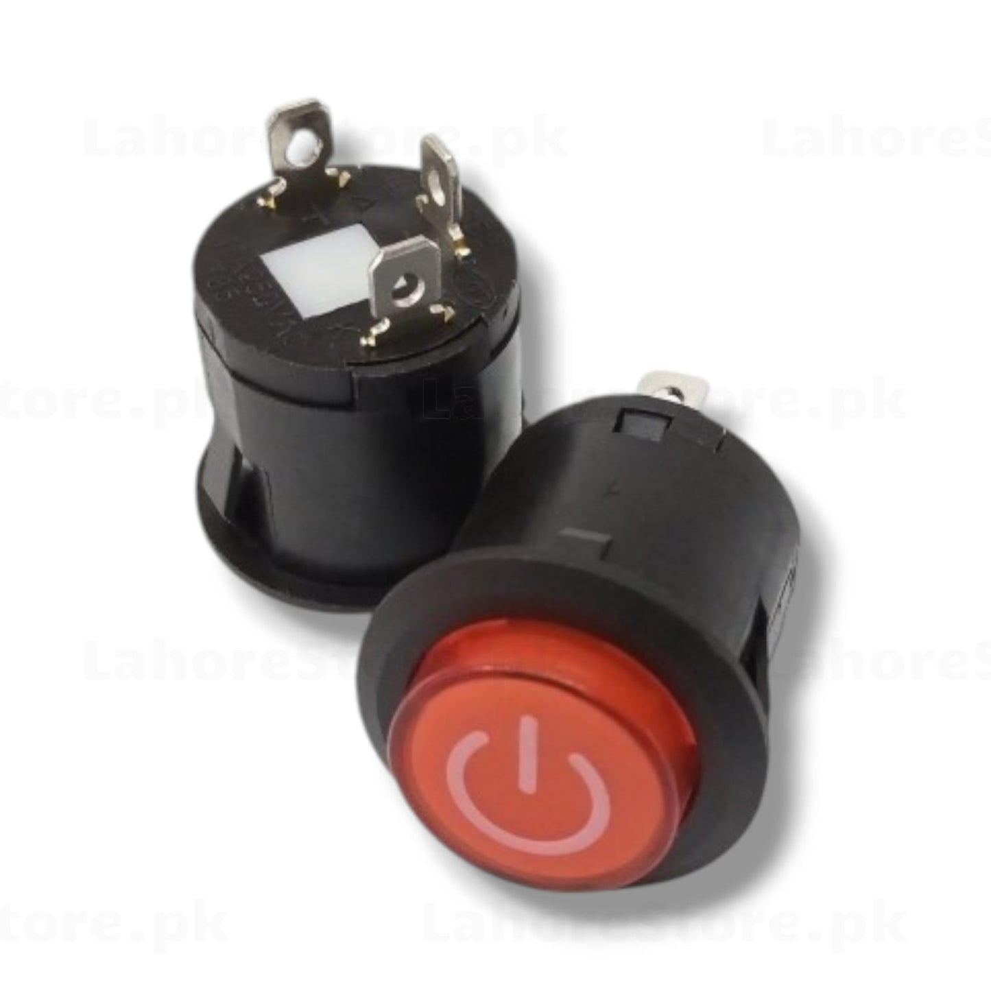 Round illuminated rocker switch with red LED power symbol - front and back view