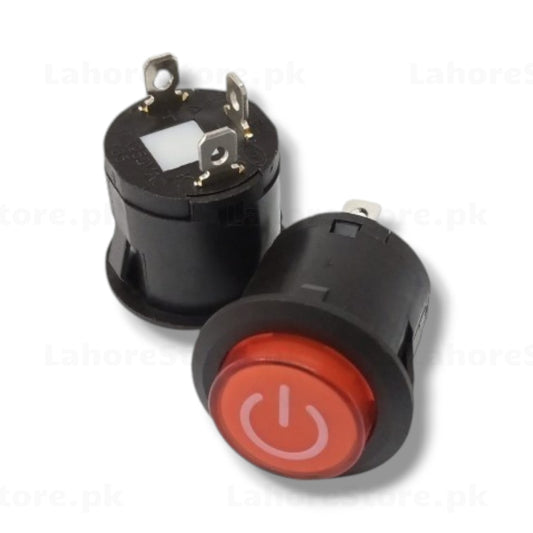 Round illuminated rocker switch with red LED power symbol - front and back view