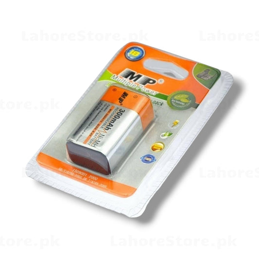 MP Multiple Power 9V 300mAh Ni-MH rechargeable battery in orange retail blister packaging showing ISO9001 certification and battery specifications