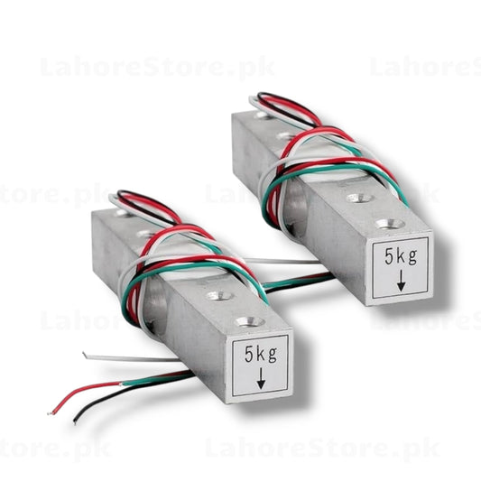 Two 5kg aluminum load cell weight sensors with 4-wire color-coded cables red black white green showing 5kg capacity label and mounting holes for HX711 Arduino scale projects