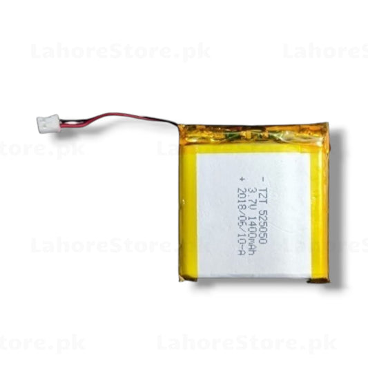 TZT 525050 LiPo battery 3.7V 1400mAh with JST PH 2-pin red black connector showing yellow protective wrap and white label with specifications