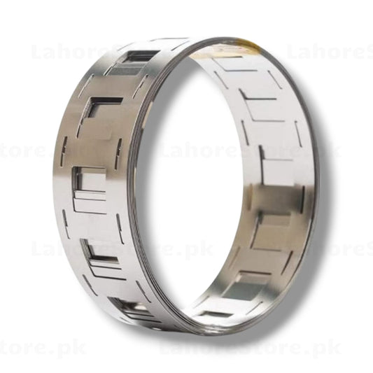 Perforated nickel plated steel strip roll coiled showing uniform slotted pattern for 18650 battery spot welding and DIY battery pack assembly