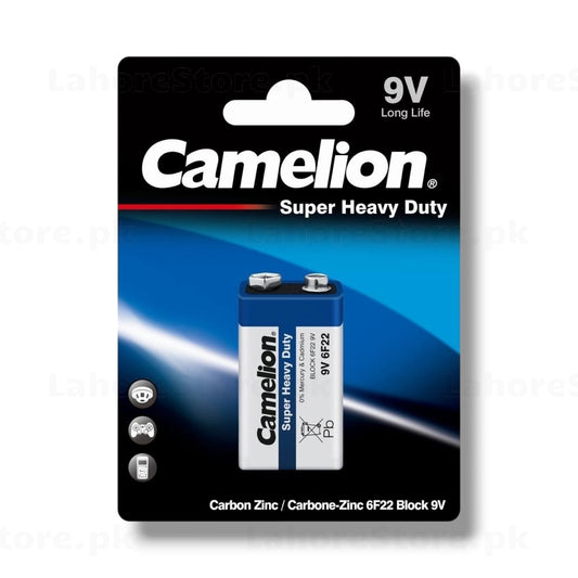 Camelion Super Heavy Duty 9V carbon zinc 6F22 block battery in retail blister packaging showing long life label and 0% mercury cadmium compliance