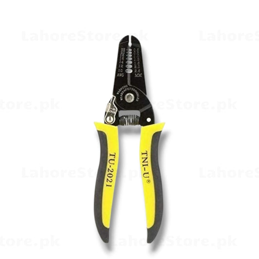 TNI-U TU-2021 wire stripper and cutter with yellow grey ergonomic dual-grip handles spring-loaded action and AWG gauge stripping notches on hardened steel blades