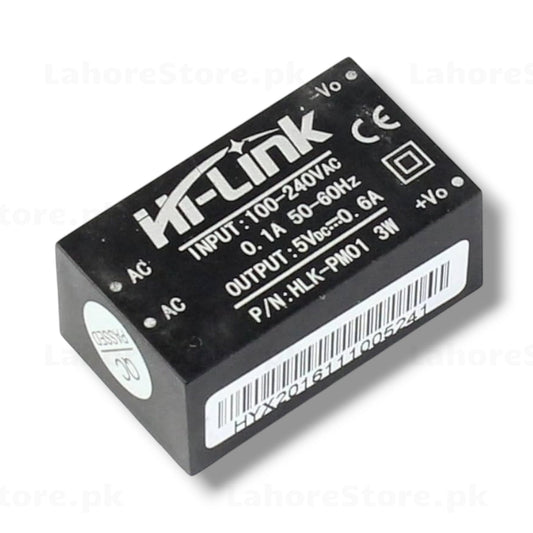 Hi-Link HLK-PM01 AC-DC power supply module showing 100-240VAC input 5V 600mA 3W output specifications CE certification and AC plus minus Vo pin labels on black epoxy housing