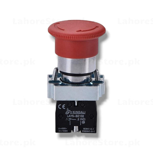 Xindali LAY5-BE102 red mushroom head emergency stop button NC 400V 10A with chrome metal body twist-to-release mechanism and CE IEC947-5-1 certified contact block