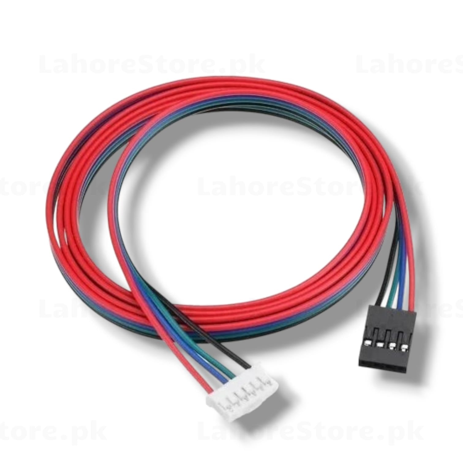 NEMA 17 stepper motor cable coiled showing white XH 6-pin connector on one end and black Dupont 4-pin connector on other end with red blue green black color-coded wires for 3D printer RAMPS SKR board