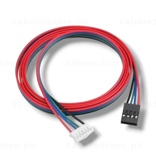 NEMA 17 stepper motor cable coiled showing white XH 6-pin connector on one end and black Dupont 4-pin connector on other end with red blue green black color-coded wires for 3D printer RAMPS SKR board