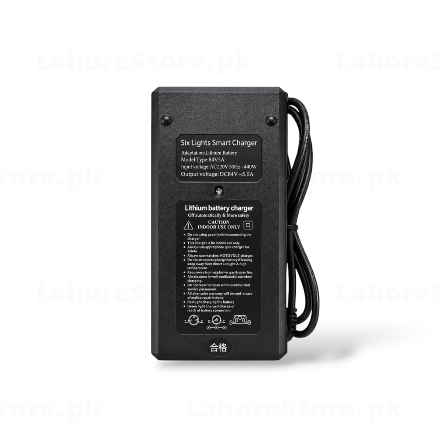 Six Lights Smart Charger 84V 5A Li-Ion battery charger back label with specs