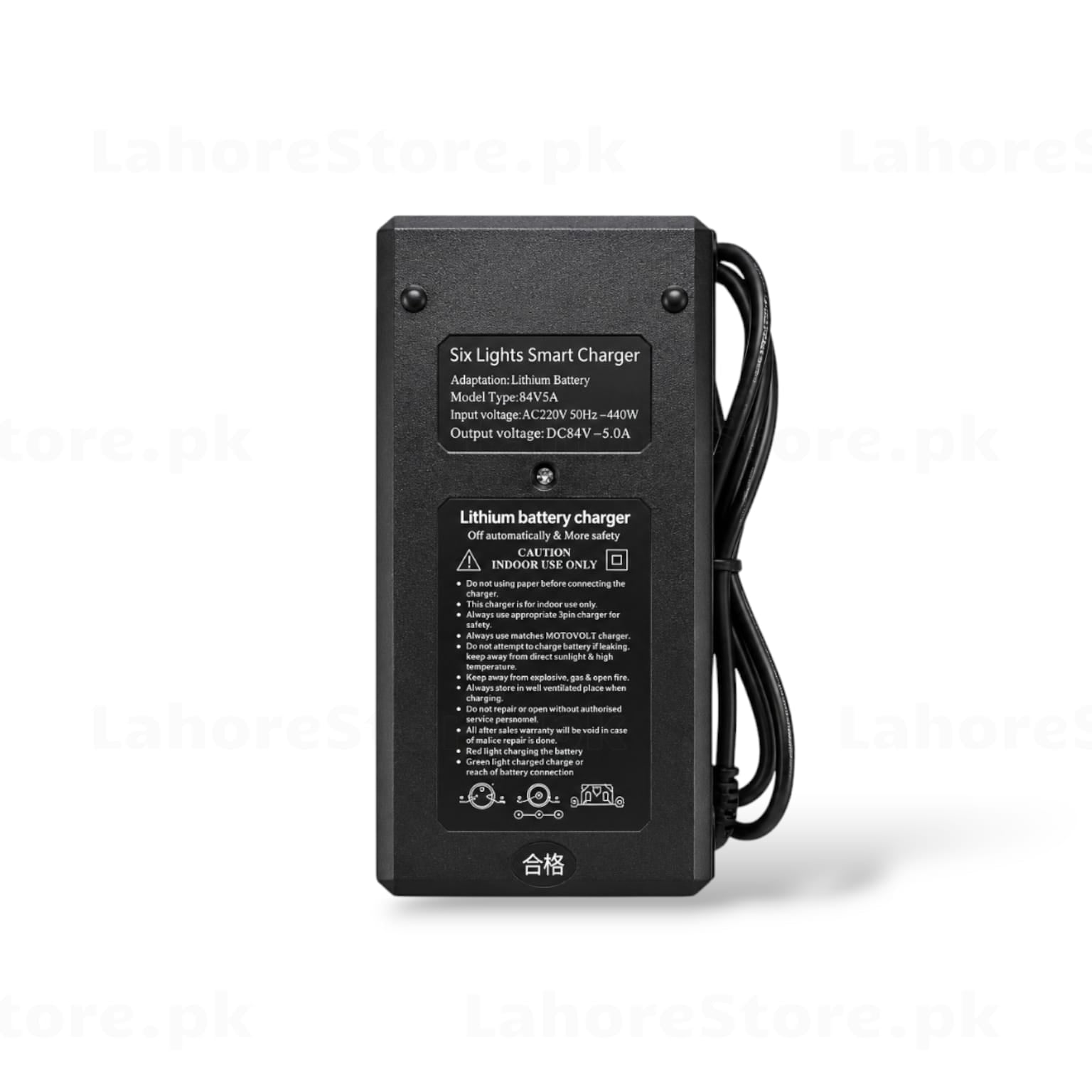 Six Lights Smart Charger 84V 5A Li-Ion battery charger back label with specs