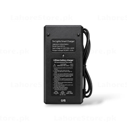 Six Lights Smart Charger 84V 5A Li-Ion battery charger back label with specs