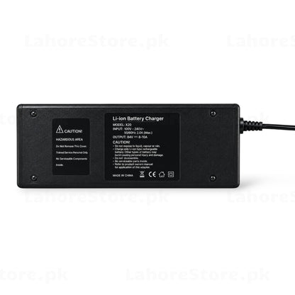 MeiDe X20 Li-Ion Battery Charger bottom label showing 84V 8-10A output specs
