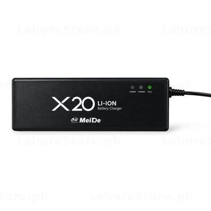 MeiDe X20 Li-Ion Battery Charger front view with Power Charge Full LED indicators
