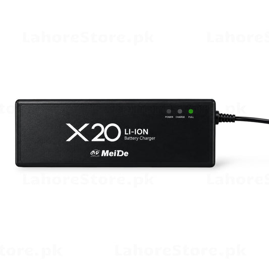 MeiDe X20 Li-Ion Battery Charger front view with Power Charge Full LED indicators