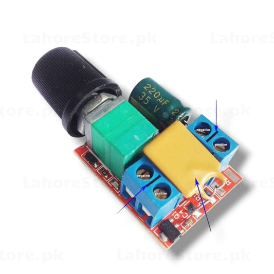 PWM DC motor speed controller 5A with black potentiometer knob and screw terminals red PCB