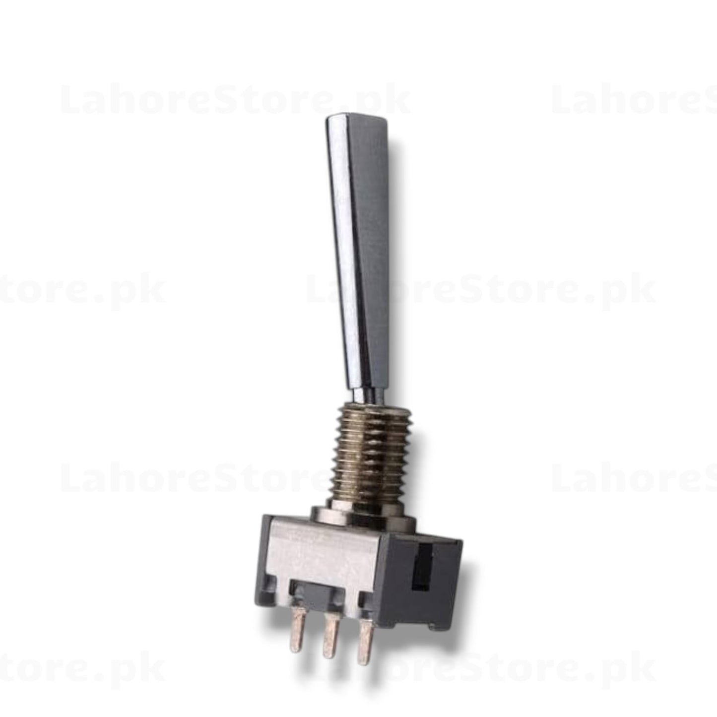 SPDT mini toggle switch with long chrome lever PCB mount front view