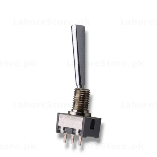 SPDT mini toggle switch with long chrome lever PCB mount front view
