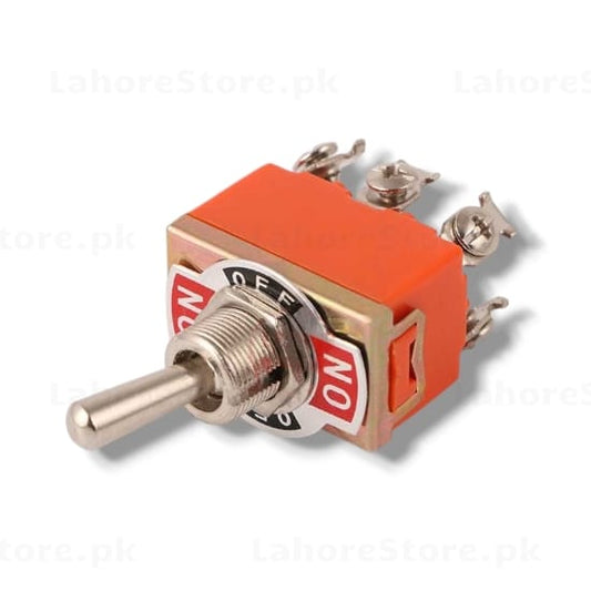 DPDT ON-OFF-ON 6 pin toggle switch with orange housing and metal lever