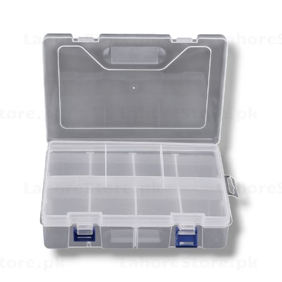 12-compartment plastic component storage organizer box with blue latches and carry handle