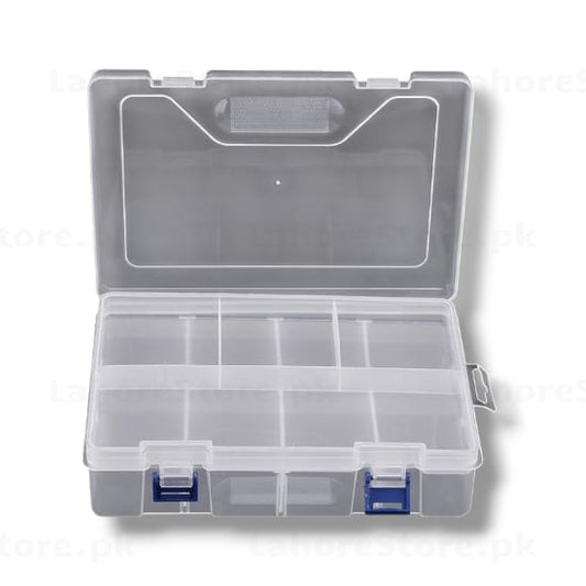 12-compartment plastic component storage organizer box with blue latches and carry handle
