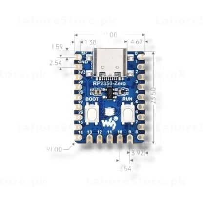 Waveshare RP2350-Zero microcontroller board with dimensions