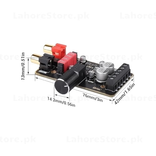 Stereo Audio Amplifier Board with dimensions 76x42mm