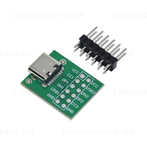 USB Type-C female breakout board with labeled pads and male pin header