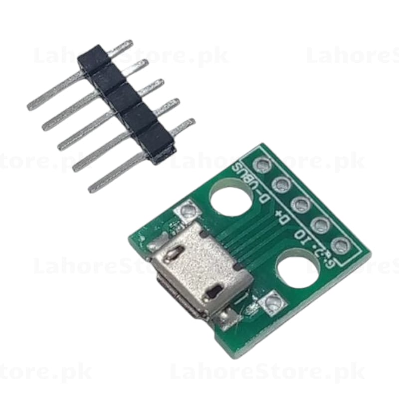 Micro USB Female to DIP Breakout Board with header pins - front view