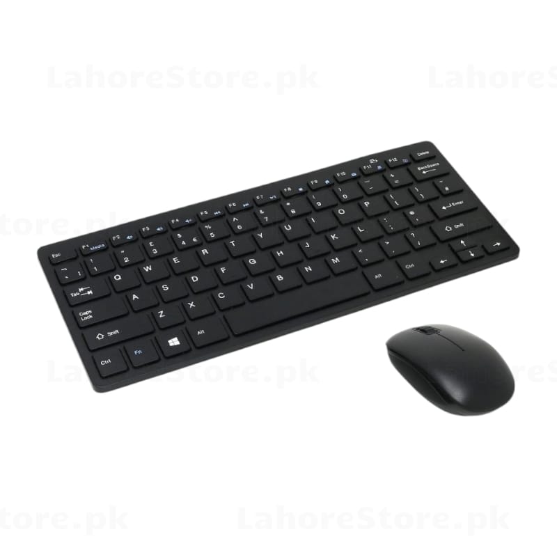 Mini wireless keyboard and mouse combo - angled view showing slim profile
