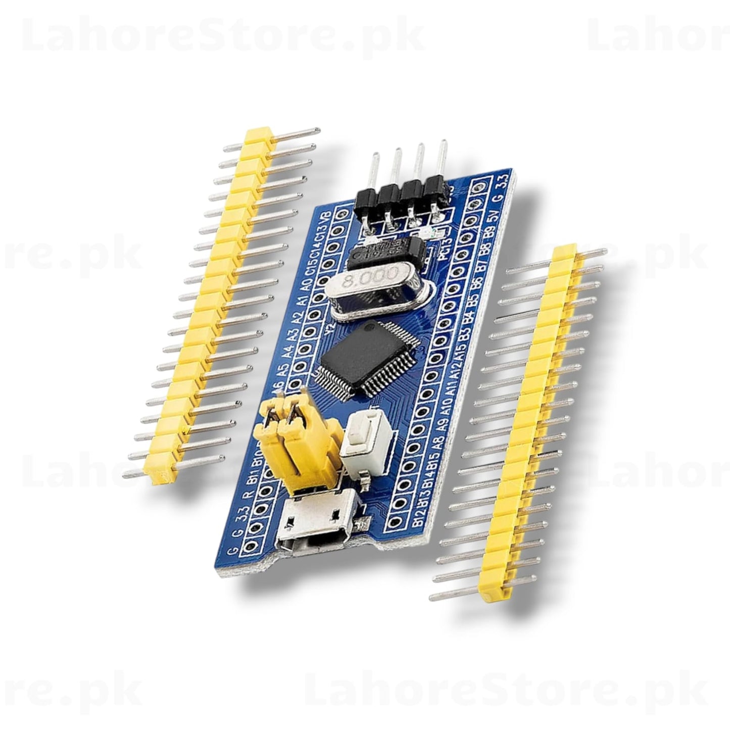 STM32F103C8T6 Blue Pill Development Board with yellow header pins