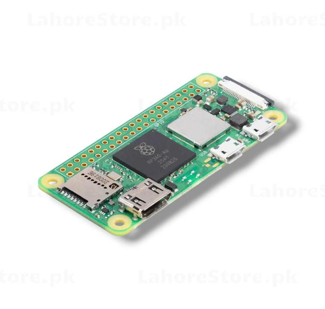 Raspberry Pi Zero 2 W top view showing RP3A0 chip, mini HDMI, micro USB and CSI connector