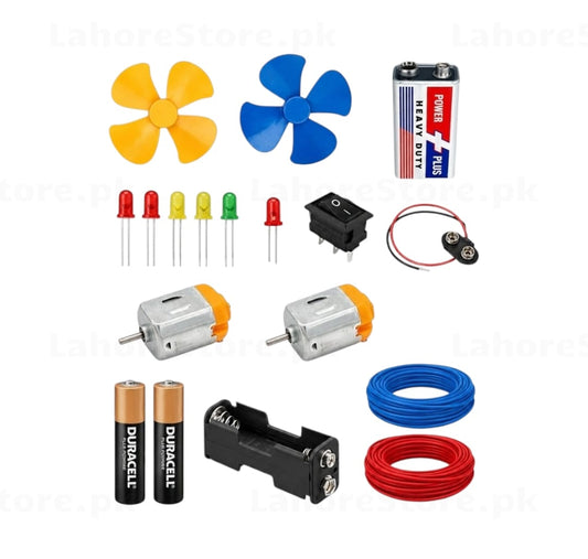 Kids Electronics Science Experiment Kit with DC motors, fan blades, LEDs, batteries and wires