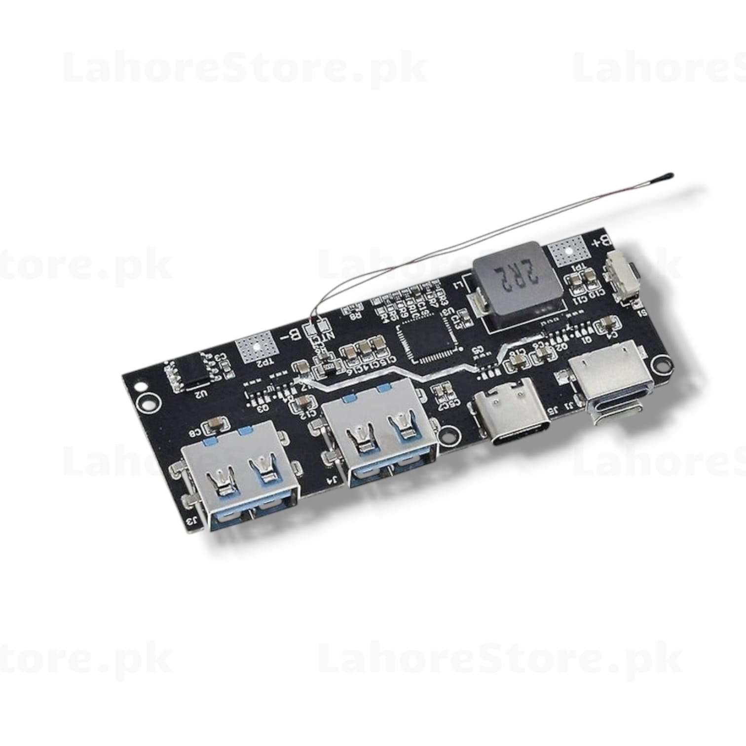 Power bank PCB charging module with dual USB-A, USB-C and Micro-USB ports top view
