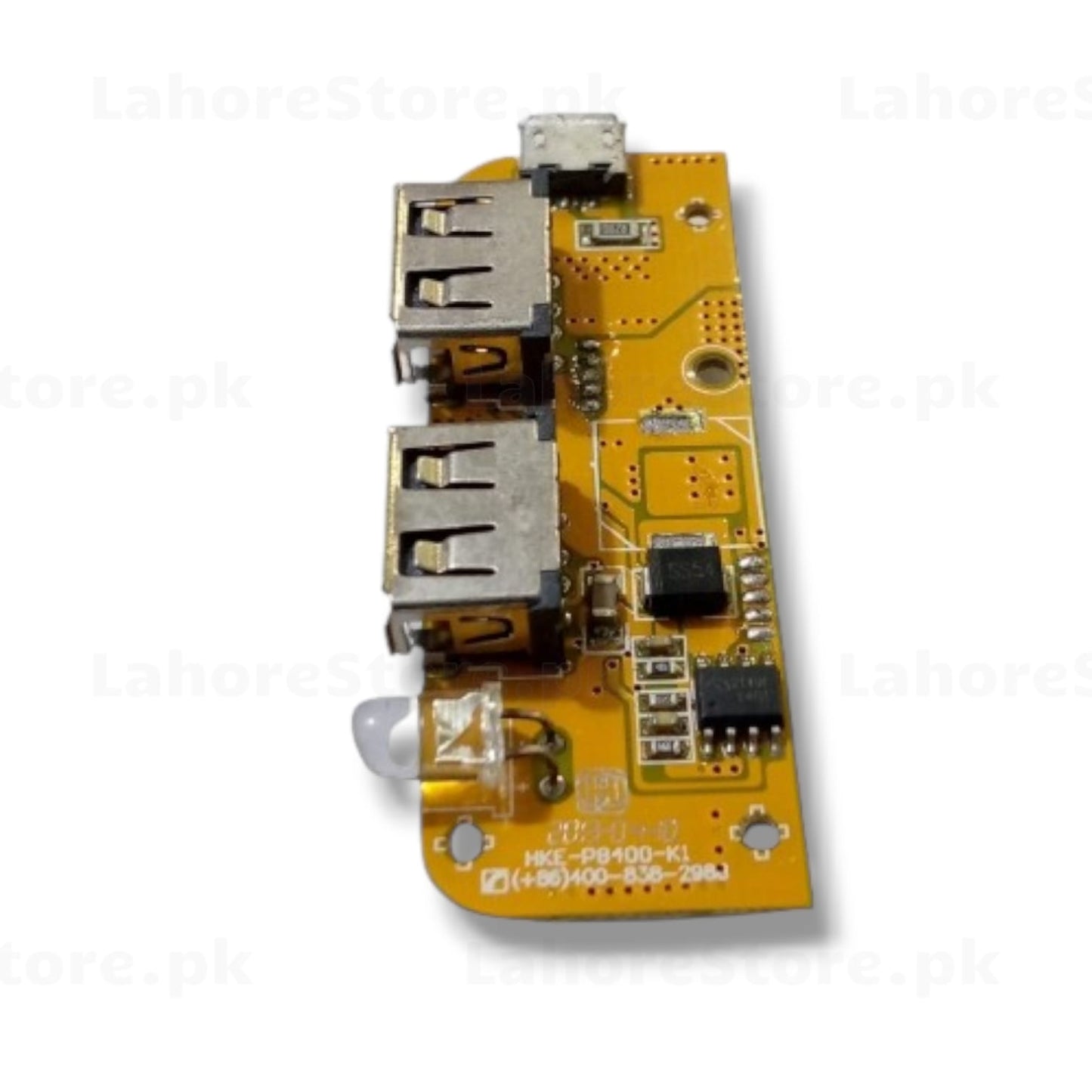 HKE-PB400-K1 power bank PCB module side view showing charging IC, boost converter and model number