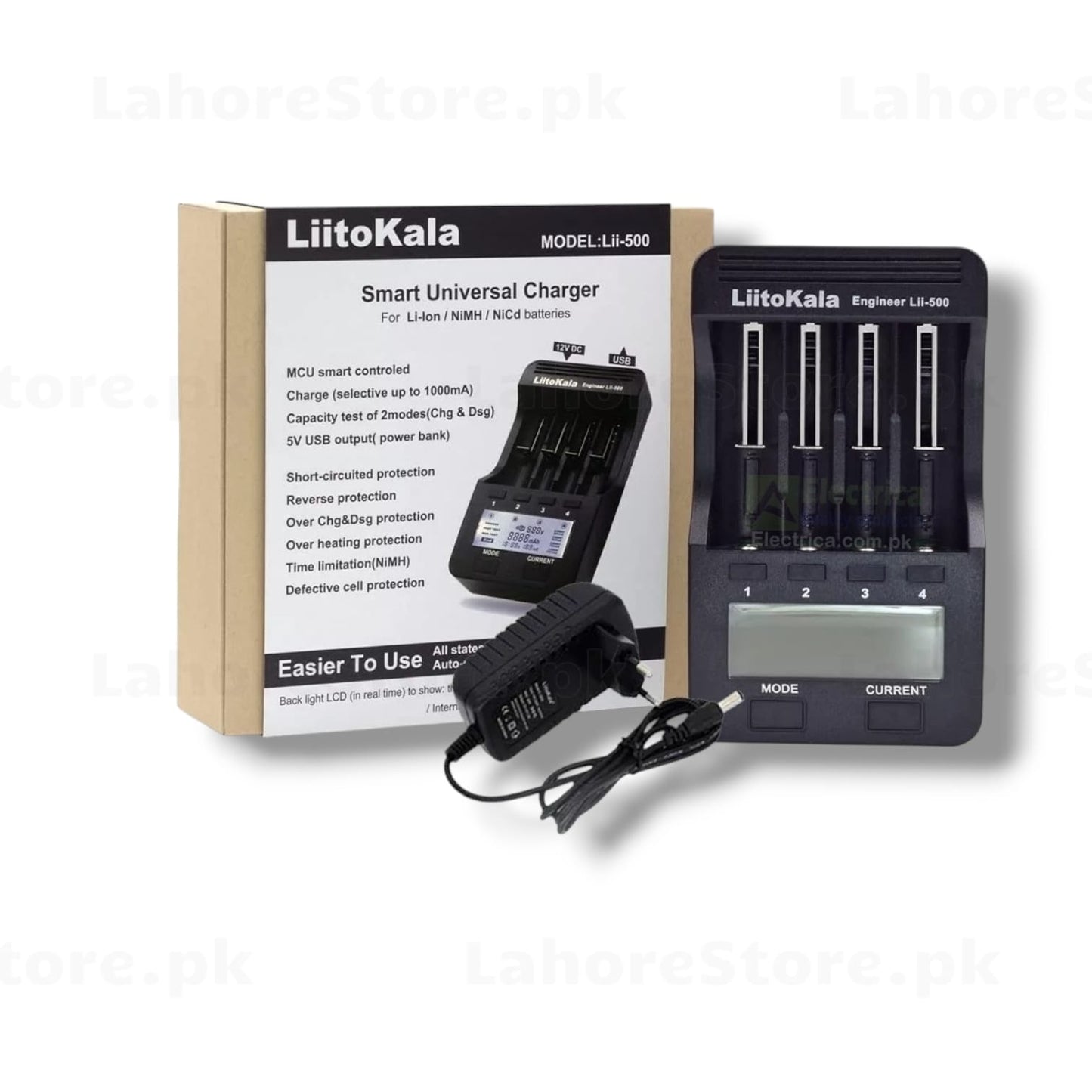 LiitoKala Lii-500 charger front view with 4 battery slots, LCD display and power adapter