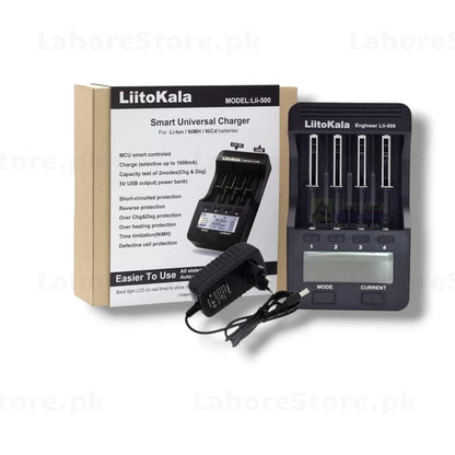 LiitoKala Lii-500 charger front view with 4 battery slots, LCD display and power adapter
