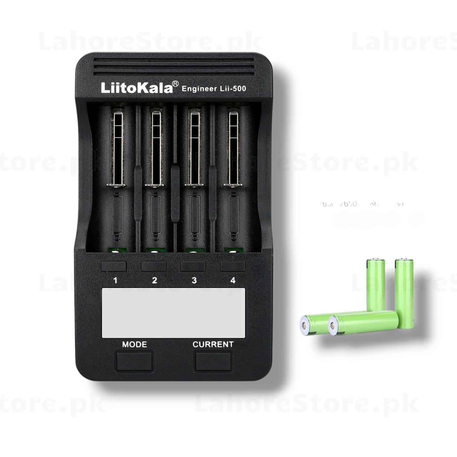 LiitoKala Lii-500 charger top view showing 4 independent slots with 18650 batteries