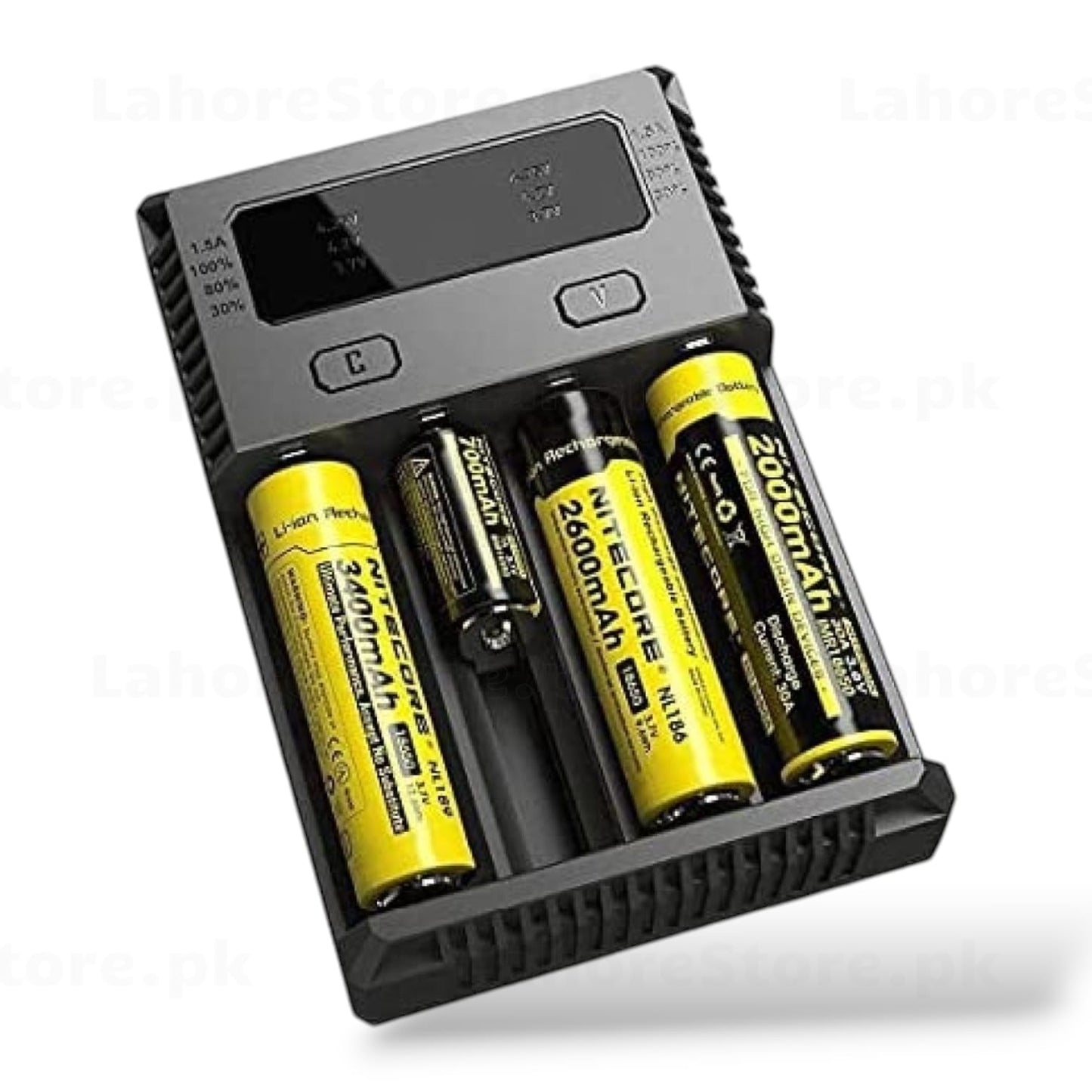 Nitecore New i4 charger angled view with batteries