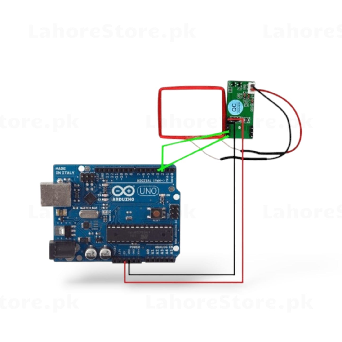 RDM6300 RFID reader module wiring diagram with Arduino UNO