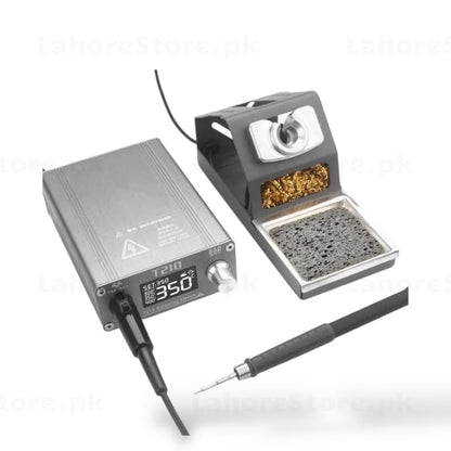 T210 Mini Soldering Station with OLED display showing 350C, iron holder and brass tip cleaner