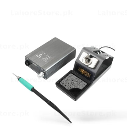 T210 Mini Soldering Station with green handle iron, stand and cleaning pad