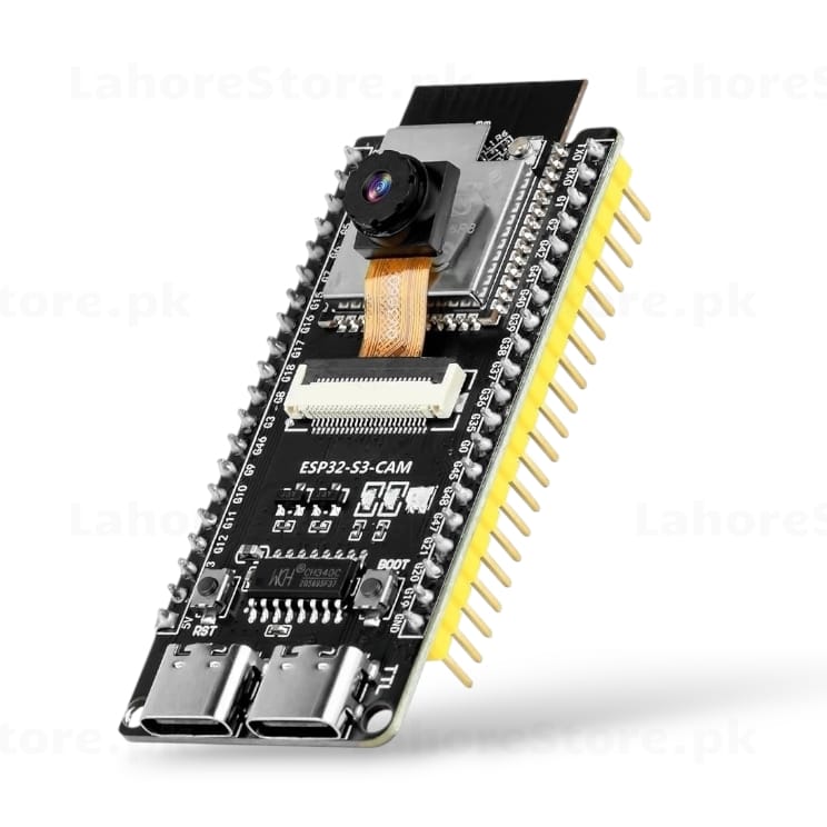 ESP32-S3-CAM development board with OV2640 camera, dual USB-C ports and gold pin headers
