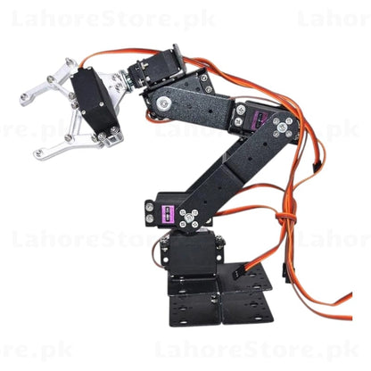 6-DOF robotic arm kit folded position showing servo motors and metal frame